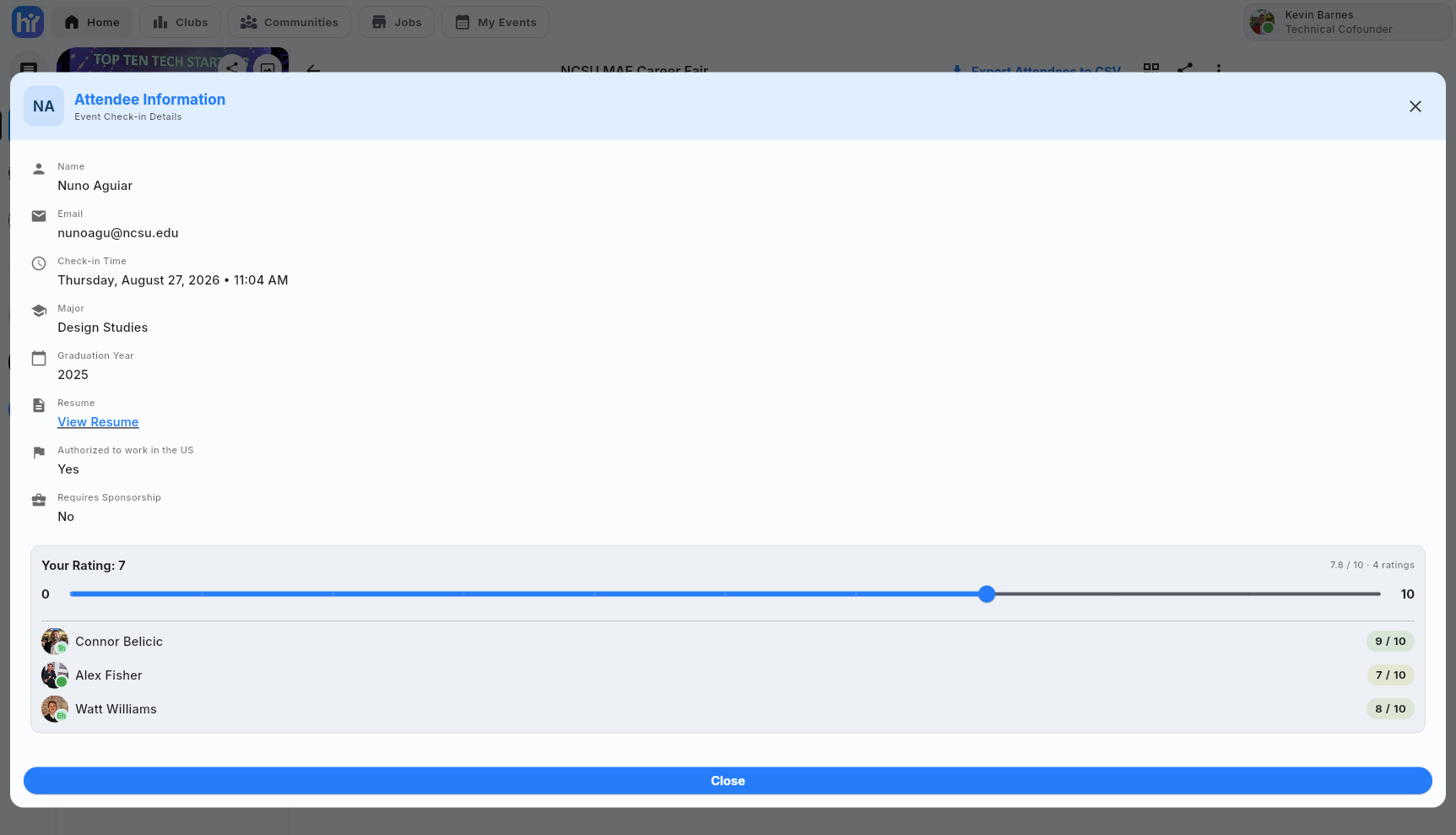 The attendee dialog with the 0-10 rating slider and teammates' ratings